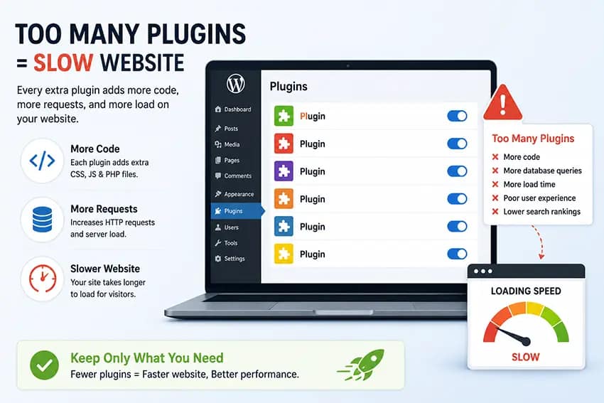 Too many plugins can cause website speed slow Too many plugins can cause website speed slow